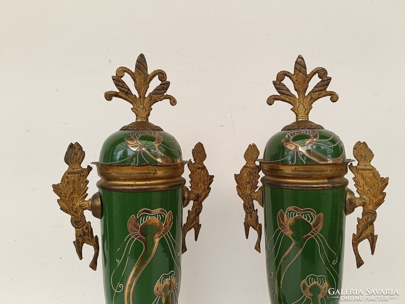 Antique Art Nouveau fireplace ornament with 2 majolica porcelain copper fixtures 616 8572