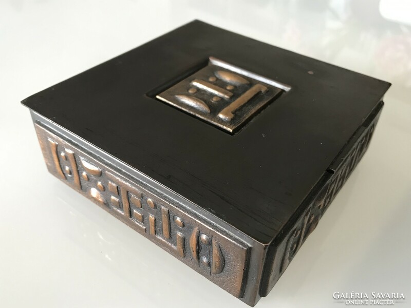 Károly Will goldsmith's bronze inlaid box with wooden interior, marked