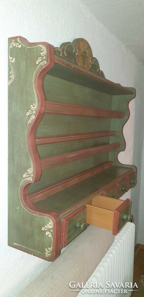 Voglauer anno 1800 altgrün, hand-painted large wall shelf with drawers