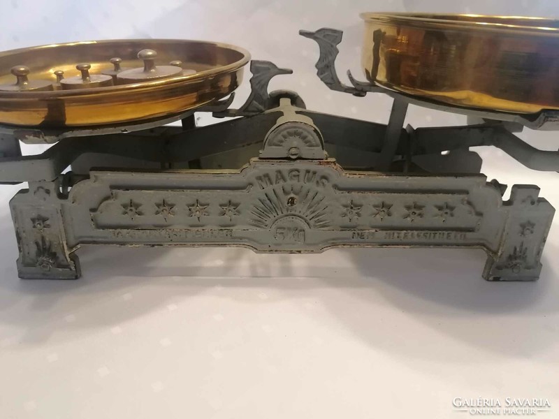 Antique cast iron scale with copper plate and weights