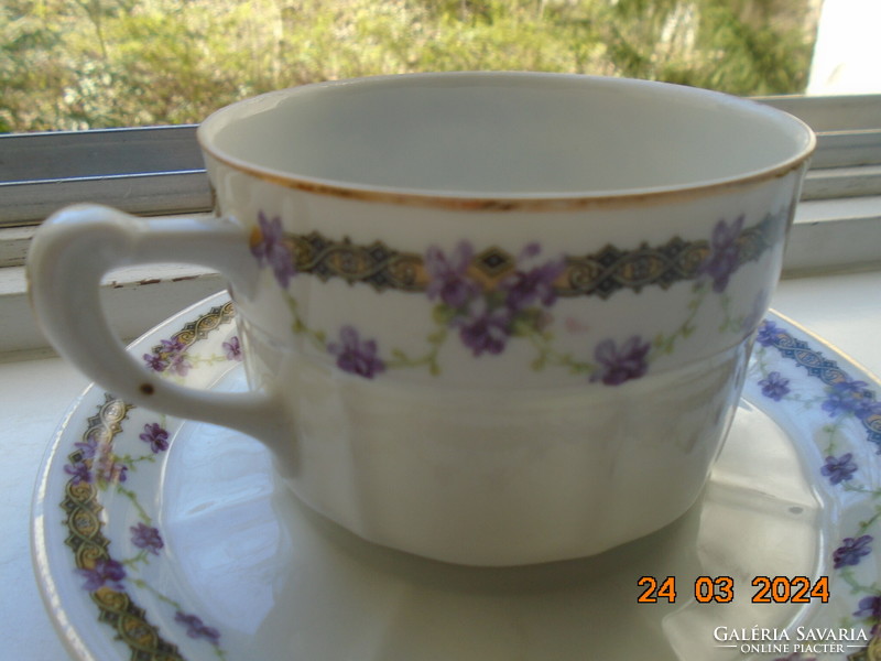 Gebrüder, art nouveau tea cup with violet garland and saucer