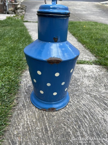 Enameled blue polka dot 2 liter Jászkiséri Ceglédi jug village peasant decoration vintage