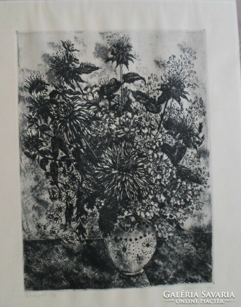Eva Scultéty etching: flowers