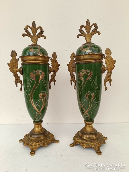 Antique Art Nouveau fireplace ornament with 2 majolica porcelain copper fixtures 616 8572