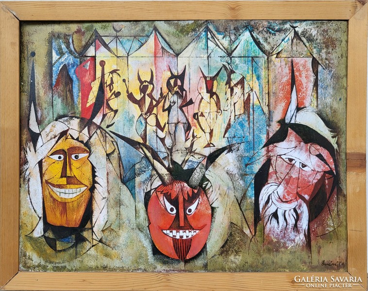 László Óvár (1926 - 1988) bus masks c. Oil painting with original guarantee!