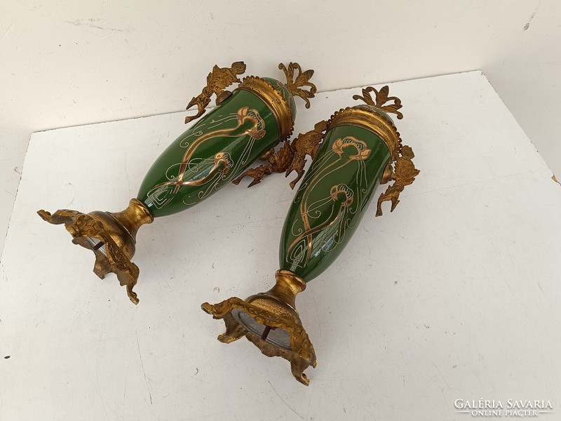 Antique Art Nouveau fireplace ornament with 2 majolica porcelain copper fixtures 616 8572