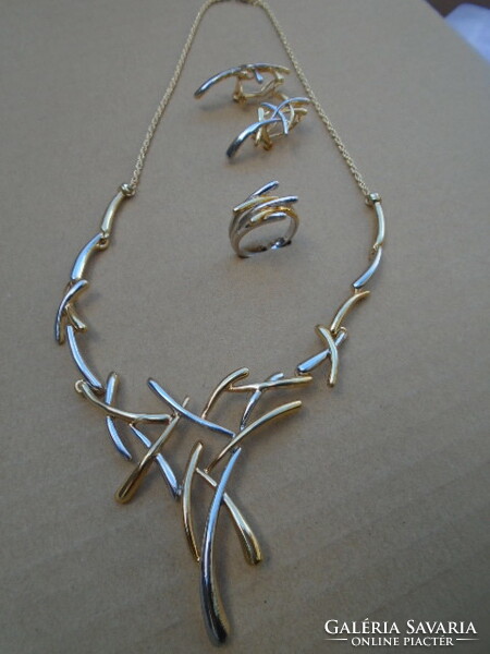 Art Deco Style French Extra Luxury Two Tone Collier Set, Necklace, Earrings, Ring, Not Used