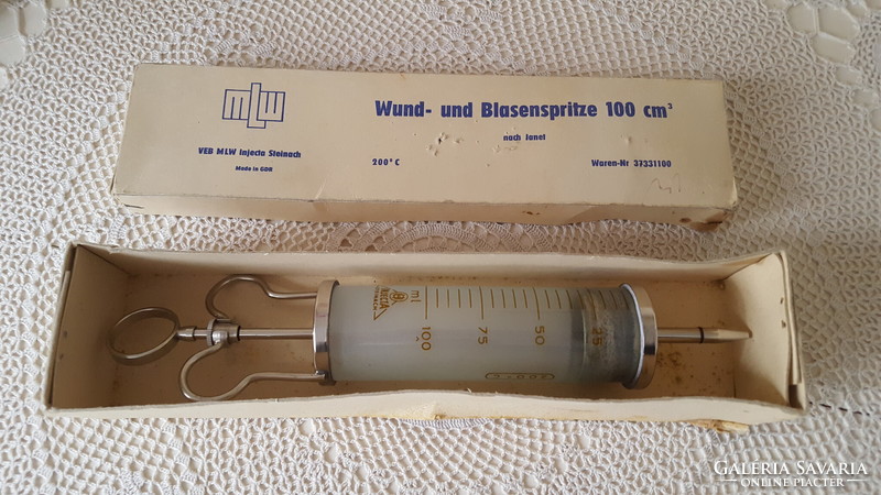 Old GDR medical glass syringe, wolf syringe