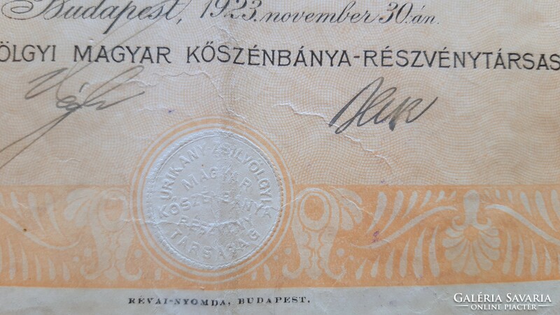 Részvény, Urikány-Zsilvölgyi Magyar Kőszénbánya 1923