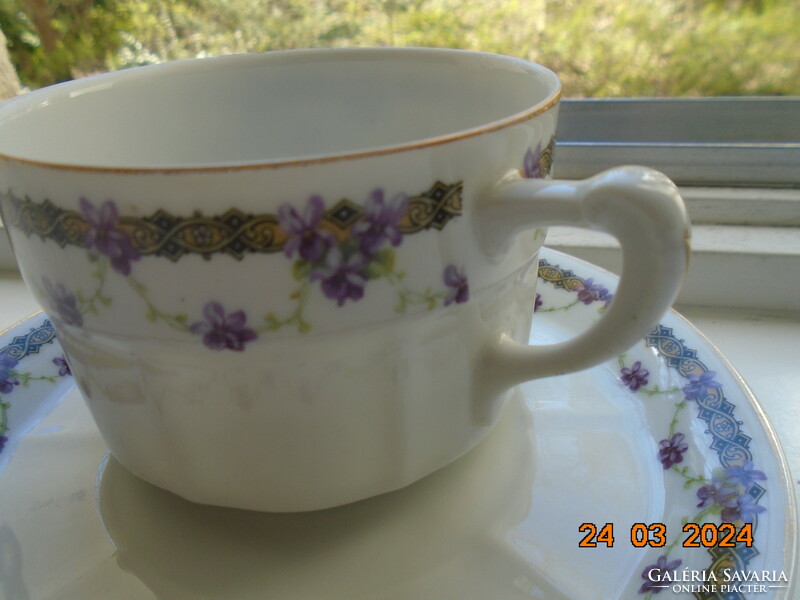 Gebrüder, art nouveau tea cup with violet garland and saucer