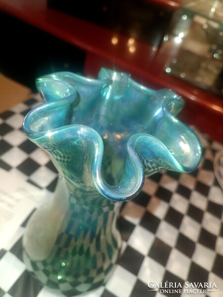 Iridescent green glass vase