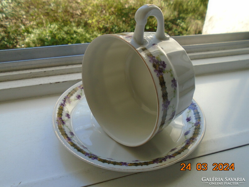 Gebrüder, art nouveau tea cup with violet garland and saucer