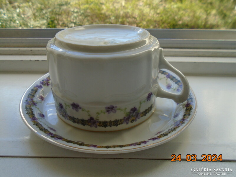 Gebrüder, art nouveau tea cup with violet garland and saucer