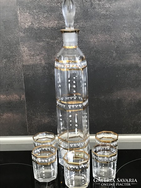 Hand painted liqueur set, hexagonal glass and octagonal glasses