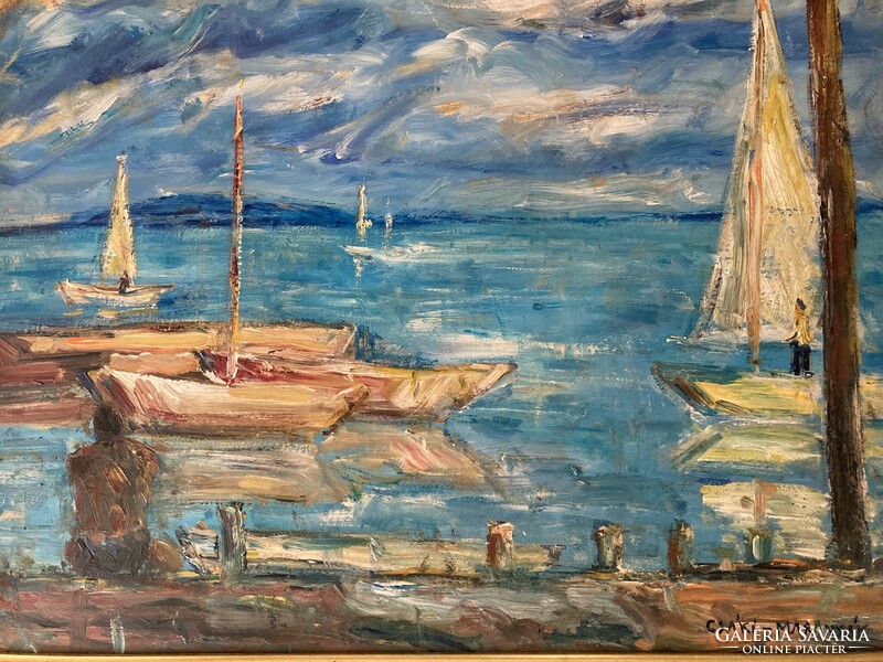 Oil painting / Balaton beach, with sailboats