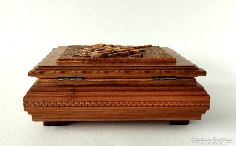Old beautiful hand-carved folk art wooden box, card holder, storage