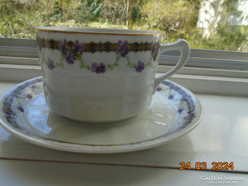 Gebruder, art nouveau tea cup with violet garland and saucer