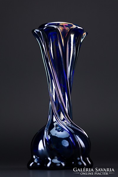Blue glass vase, iridescent, thick, heavy, large size vase.