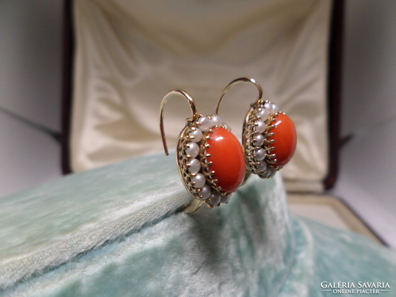 A pair of antique gold earrings with synthetic coral and pearls