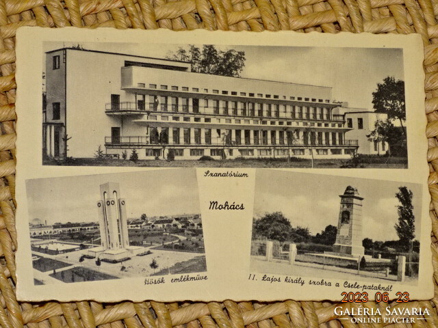 Old postcard Mohács (sanatorium, monument to heroes, statue of King Louis II)
