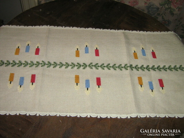 Beautiful Christmas cross-stitch embroidered table runner with lace edge