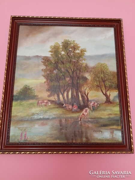 E. Bártfay's oil painting - cows on the waterfront HUF 35,000