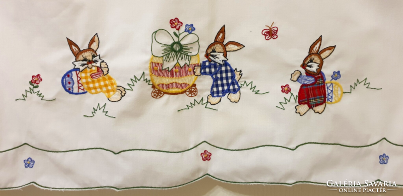 Easter white tablecloth, embroidered bunny, egg pattern 80x80