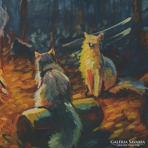 Cats around the fire c. Acrylic painting for sale