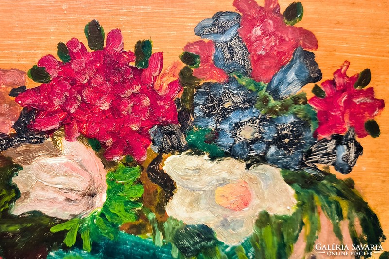 AKCIÓS ÁR ! Virág csendélet festmény, 1930-1950 körüli, olaj karton, kerettel 26 x 34 cm, jjl.