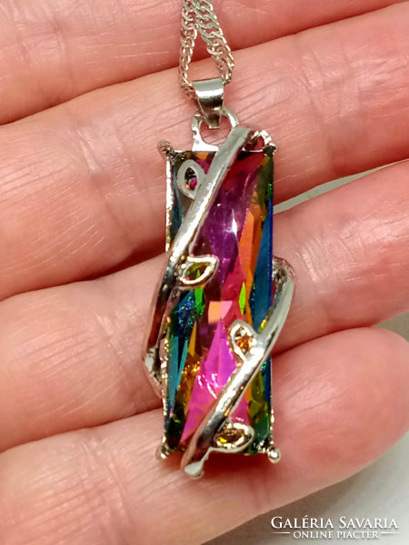 Silver Plated Rainbow Mystic Topaz Crystal Pendant Necklace 259