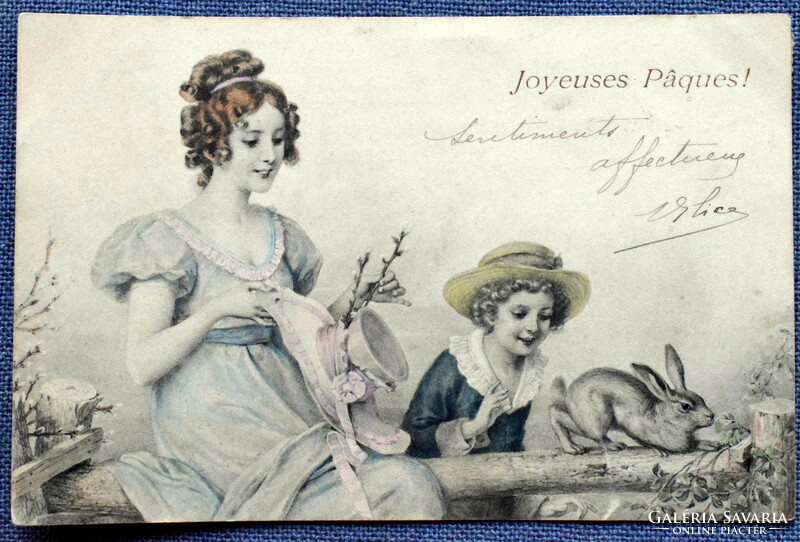 Antique m m vienne colored graphic Easter greeting card - lady, boy, bunny
