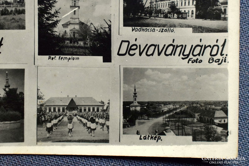 Dévaványa - régi mozaik Bajti fotó képeslap   - Vadkacsa szálló, Hősök szobra, rendezvény. 1944?