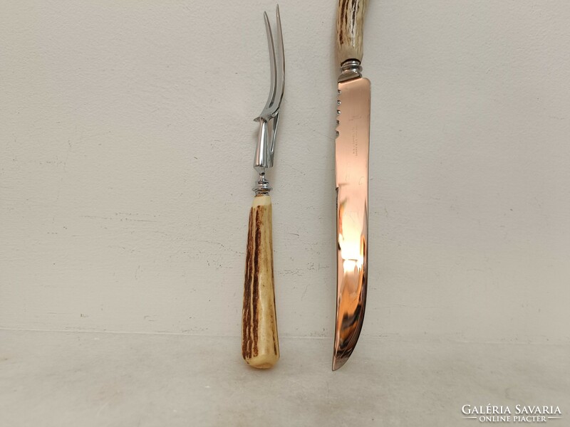 Antik vadász agancs nyelű hús szervírozó készlet húsvilla kés konyhai eszköz dobozában 844 8486