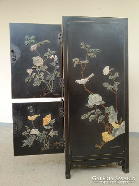 Antique Chinese furniture plant bird grease stone convex inlaid painted black lacquer cabinet 612 8579