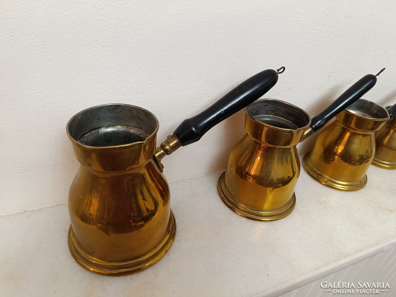 Antique Arabic kitchen tool tinned brass Turkish coffee pot with wooden handle 6 pieces 848 8507