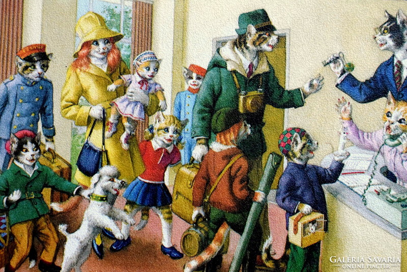 Régi retro humoros grafikus képeslap cica  család a szállodában