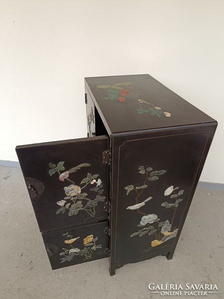 Antique Chinese furniture plant bird grease stone convex inlaid painted black lacquer cabinet 612 8579