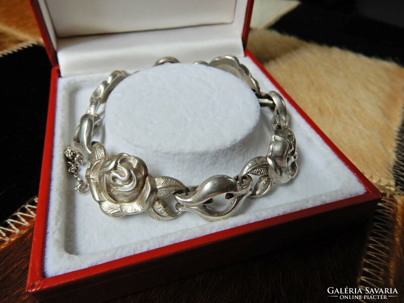 Old solid rose silver bracelet with safety chain