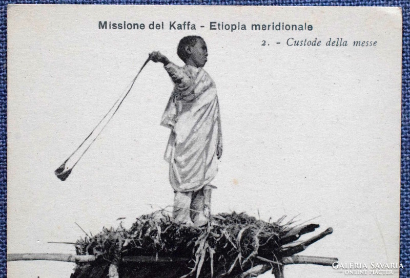 Etiópia - terményt vigyázó kisgyerek  -  antik fotó képeslap