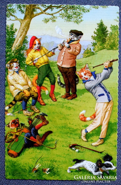 Old retro humorous graphic postcard cat golf