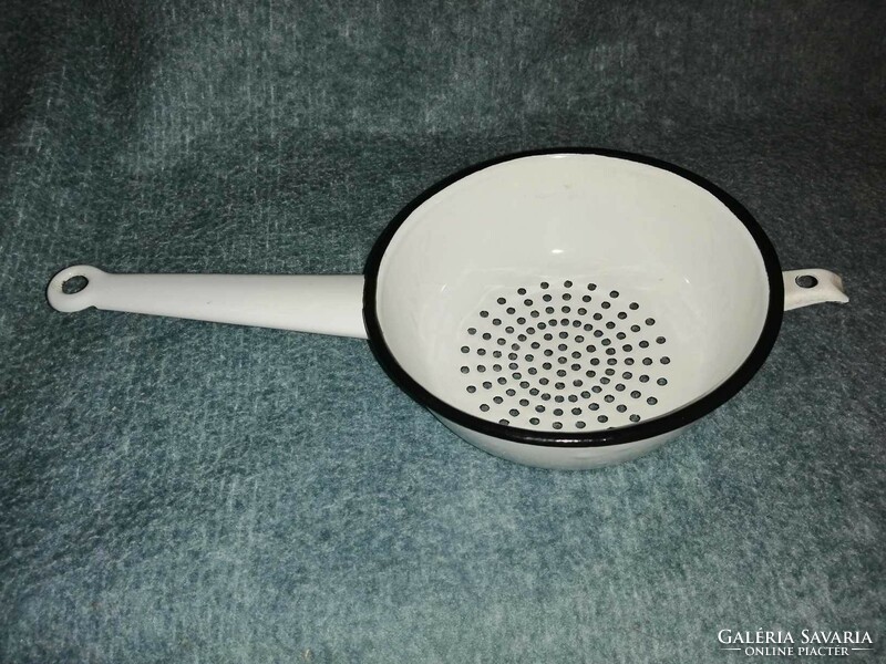 Old metal strainer with handle, white enamel, pasta strainer (a12)