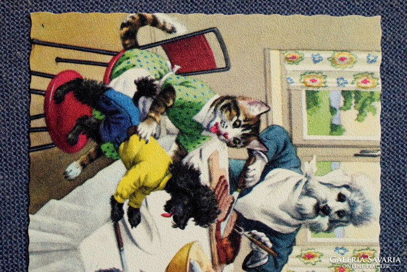 Régi retro humoros grafikus képeslap cica és kutya  család  közös ebéden