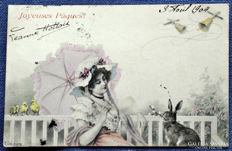Antik  M M Vienne Wichera színezett grafikus Húsvéti üdvözlő képeslap - hölgy napernyővel , nyuszi