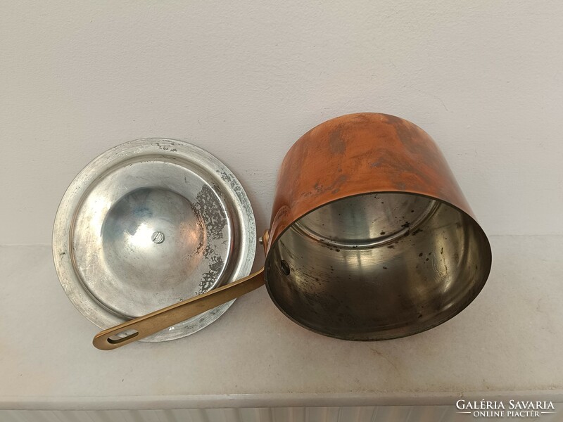 Antique tinned kitchen two-story thick red copper footed porcelain pot with lid and brass handle 841 8483