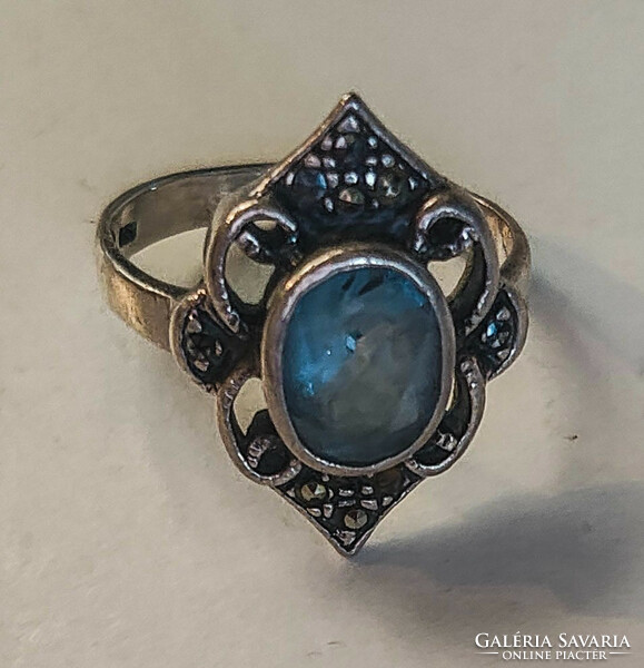 Antik markazit köves sterling ezüst gyűrű akvamarinnal