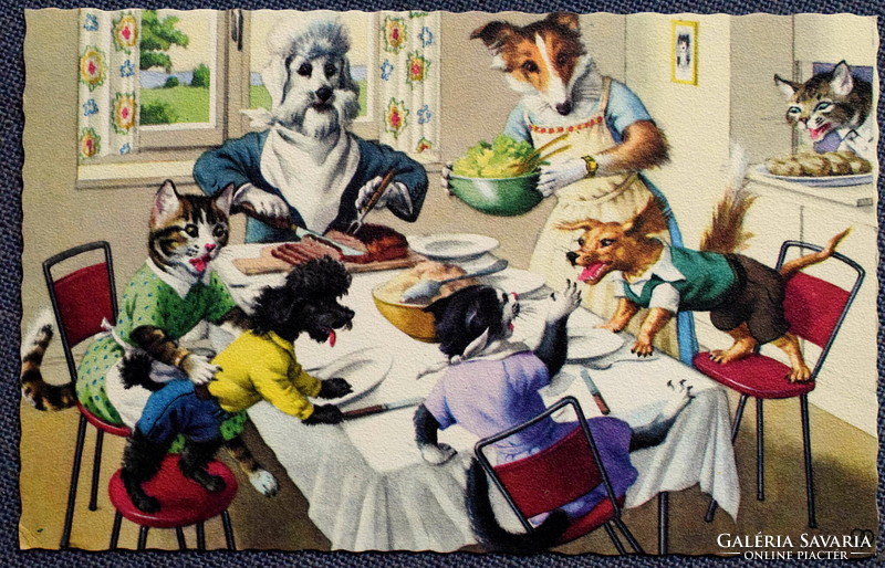 Old retro humorous graphic postcard cat and dog family having lunch together