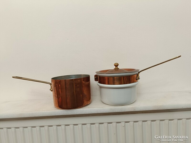 Antique tinned kitchen two-story thick red copper footed porcelain pot with lid and brass handle 841 8483