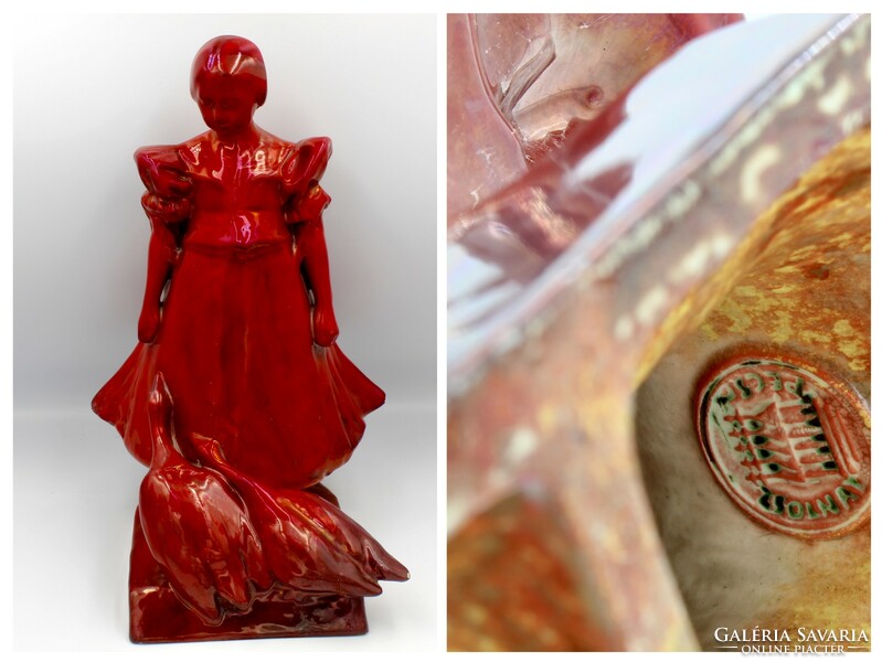 Zsolnay goose girl, oxblood glaze, round seal, repaired