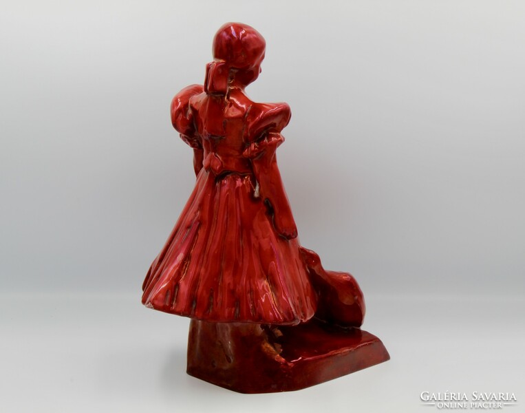 Zsolnay goose girl, oxblood glaze, round seal, repaired