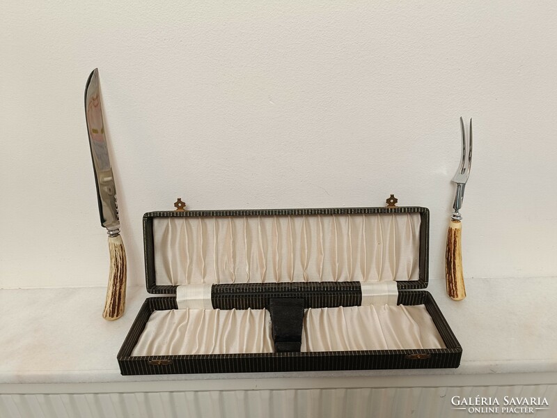 Antique hunter antler-handled meat serving set meat fork knife kitchen tool box 844 8486